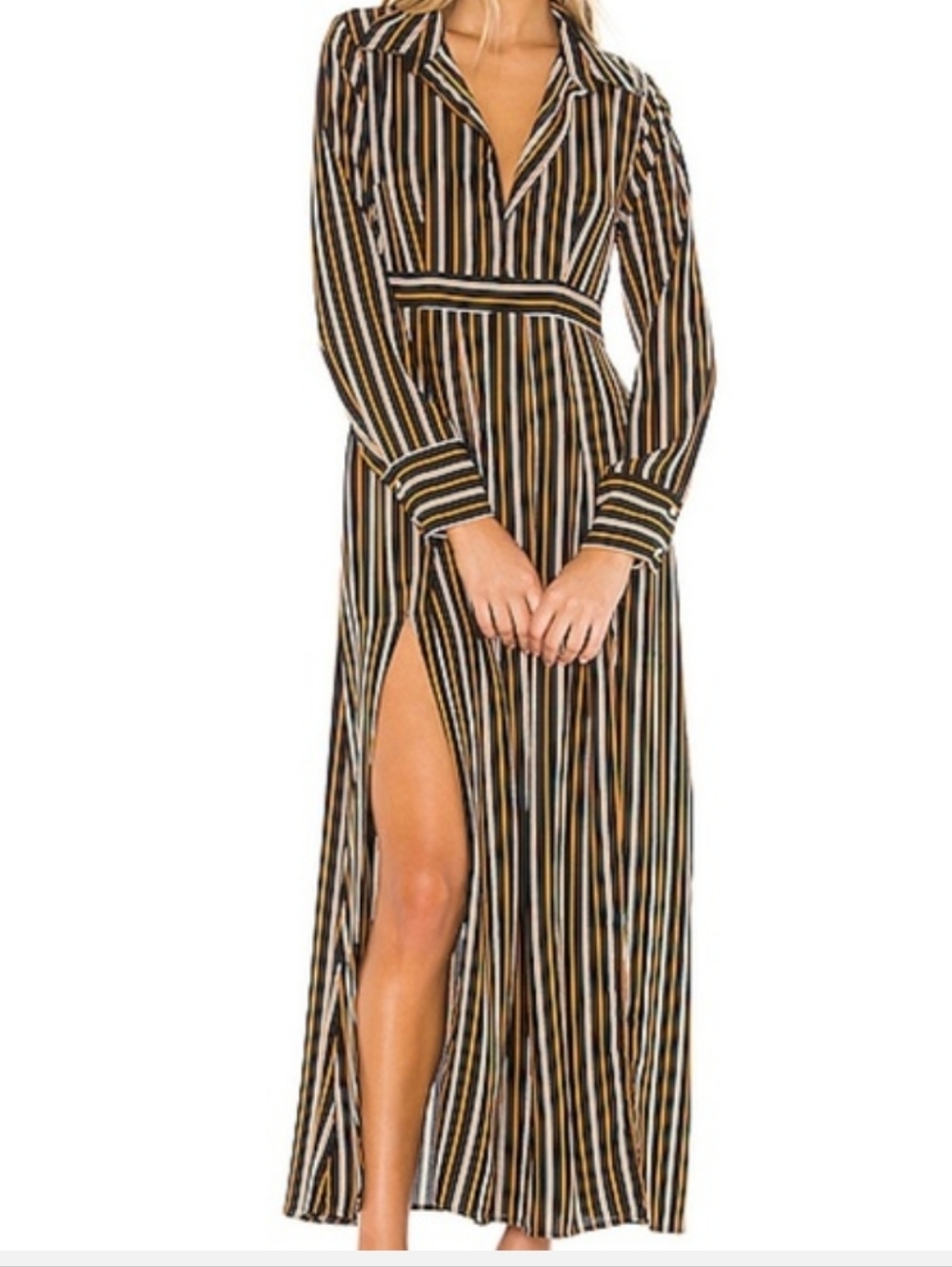 Line & Dot Abby Maxi Dress Sz Small Black and Gold Stripe Long Sleeves Side Slit